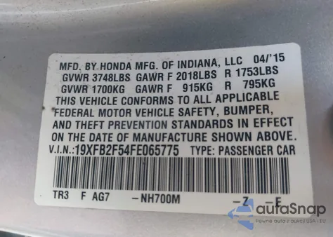 2015 Honda Civic Lx z USA, uszkodzony, nr VIN 19XFB2F54FE065775